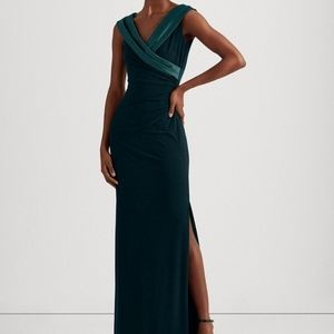 Green Dress Portrait Collar Draped Gown Surplice Sleeveless 16